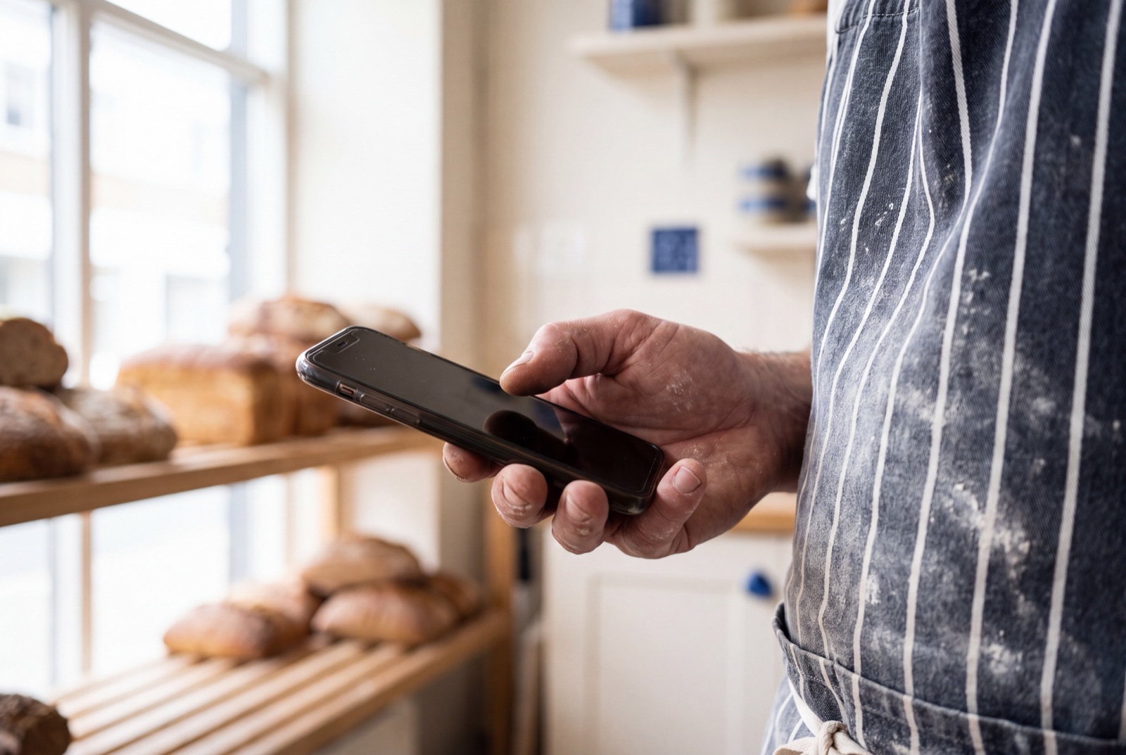 Un artisan en tablier consulte son téléphone dans sa boutique